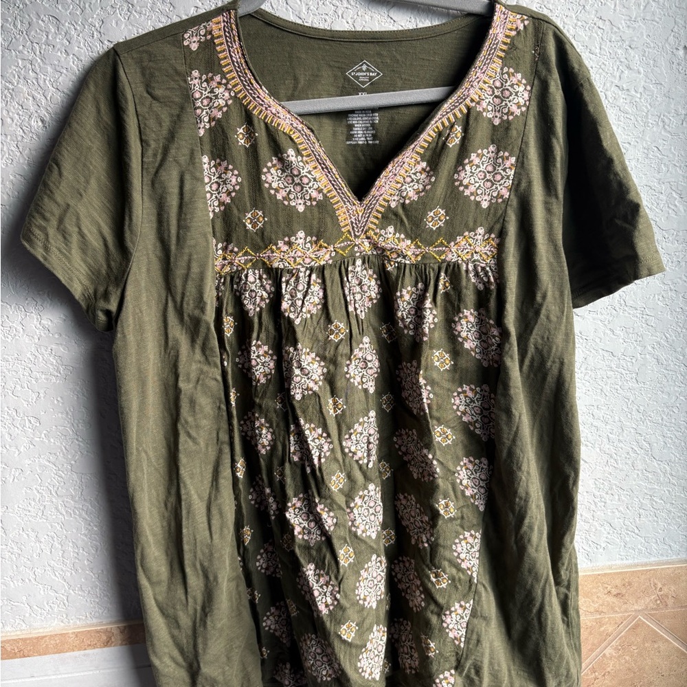 St. John's Bay Forest Green Embroidered Blouse